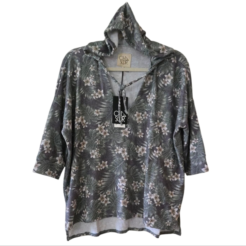 NWT CHASER Super Soft Floral Hooded Half Sleeve Top